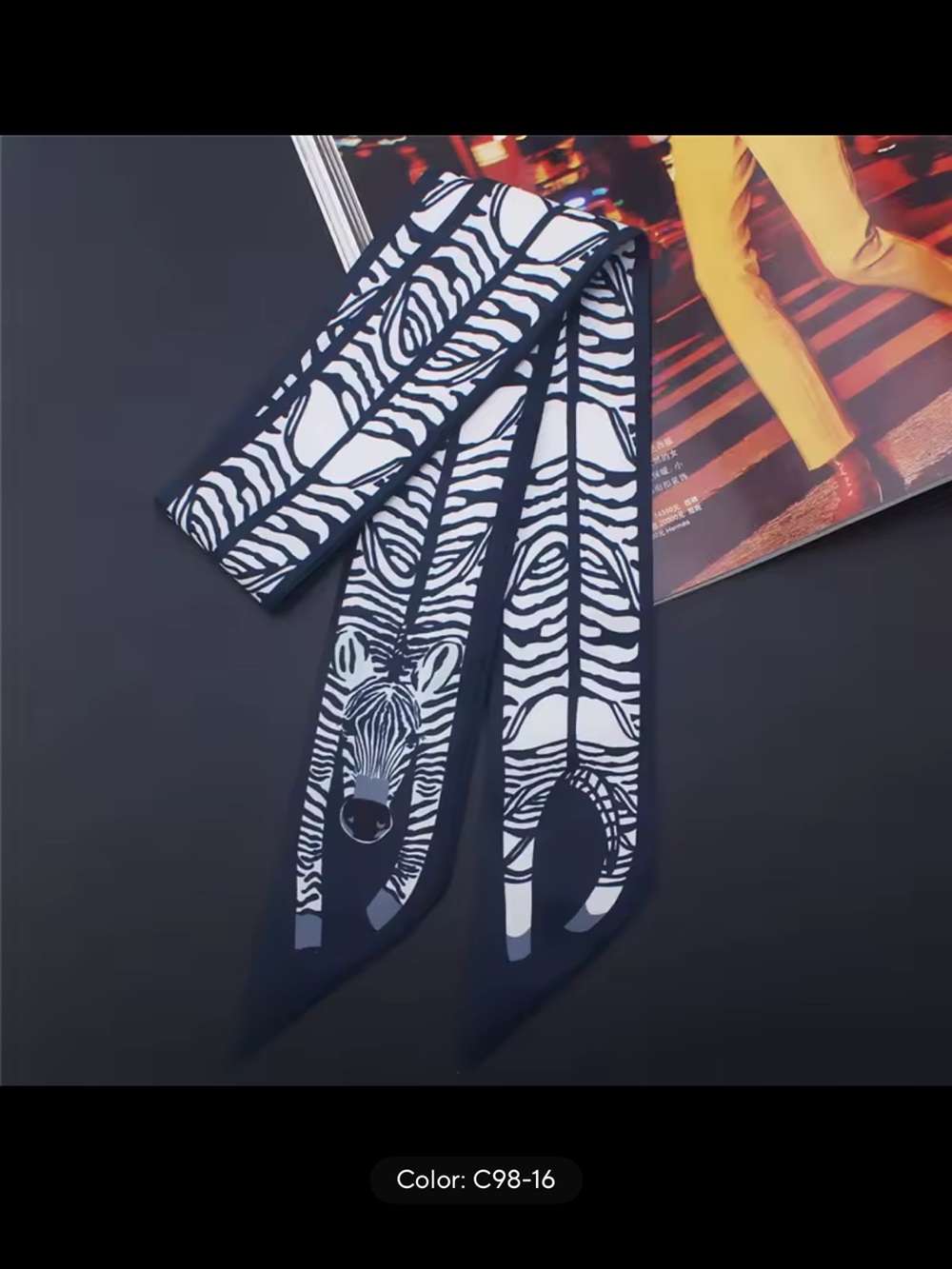 Stylish Zebra Print Twilly Scarf - Black & White - Picture 4 of 4